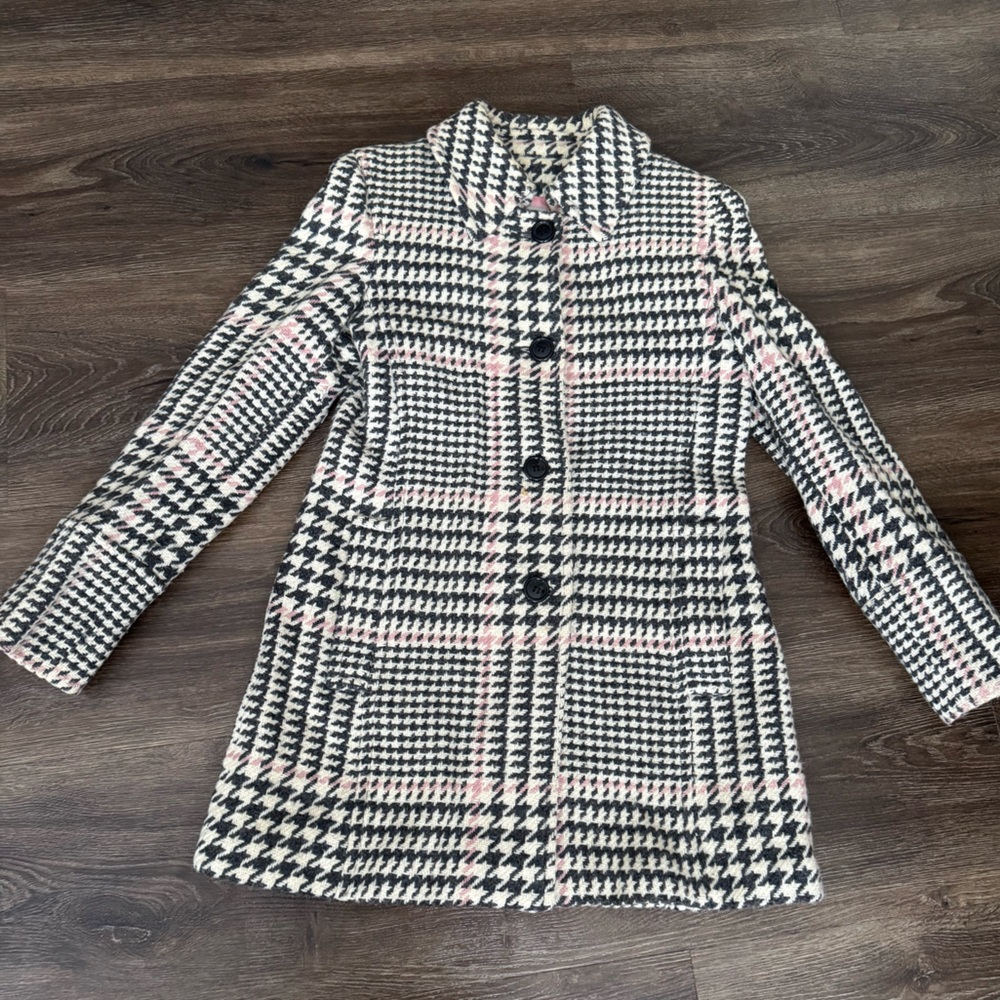 Marvin Richards Black, Pink and White Houndstooth Pea Coat.